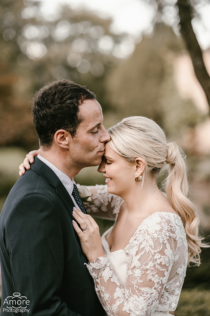 Bride and groom portraits in the gardens at Saltmarshe Hall