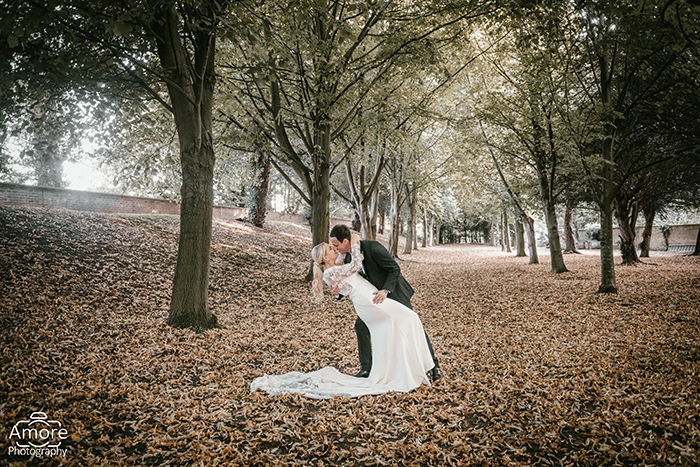 Bride and groom portraits in the gardens at Saltmarshe Hall