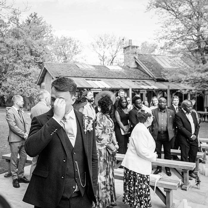grooms reaction to seeing the bride at the Oak Tree of Peover