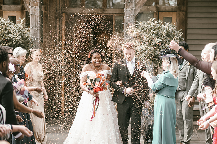 confetti with bride and groom at the Oak Tree of Peover Knutsford
